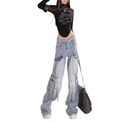 2000s fashion New Blue Pattern Cheese Hot Girl Blue Light Color Gradient Multi-Pocket Workwear Jeans Women's Trousers