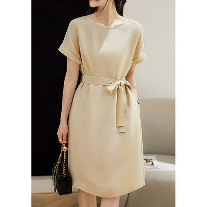 2025 High-end heavy silk, temperament lace-up dress, mulberry silk  women's new medium and long skirt summer