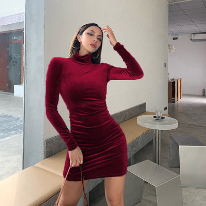 maoxiangshop-shop New Dress Women's Autumn and Winter Women's Clothing Long Sleeve Sexy Slim Fit Hot Girl Shrink Fold Suede