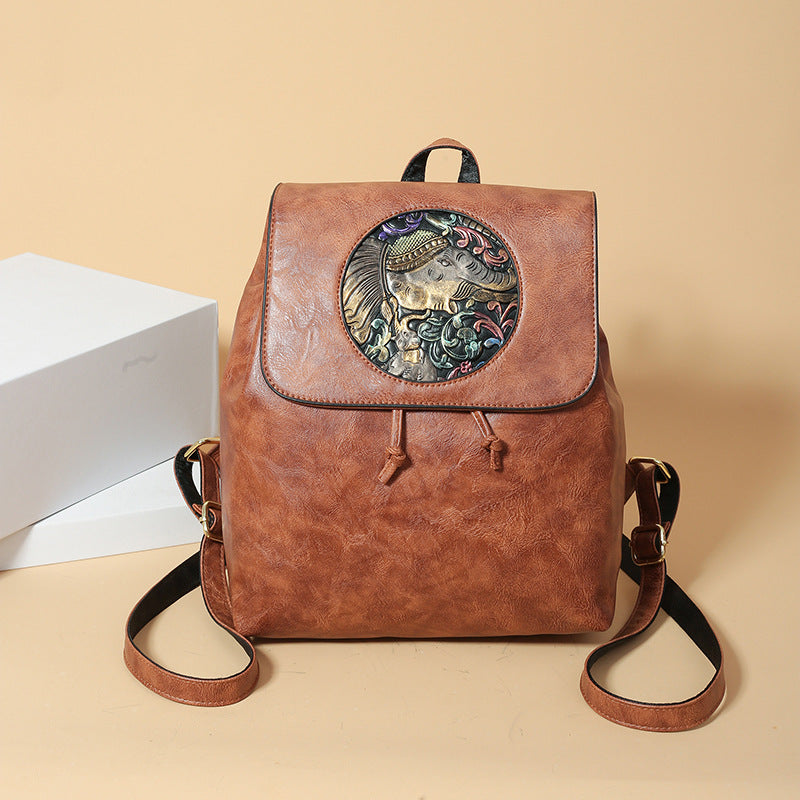 2025 Women's backpack new fashion printed casual women's bag large capacity soft leather retro bag simple shoulder bag women