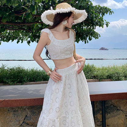 Holiday style white embroidery hollow lace suit skirt summer  temperament small vest half-length skirt two-piece set