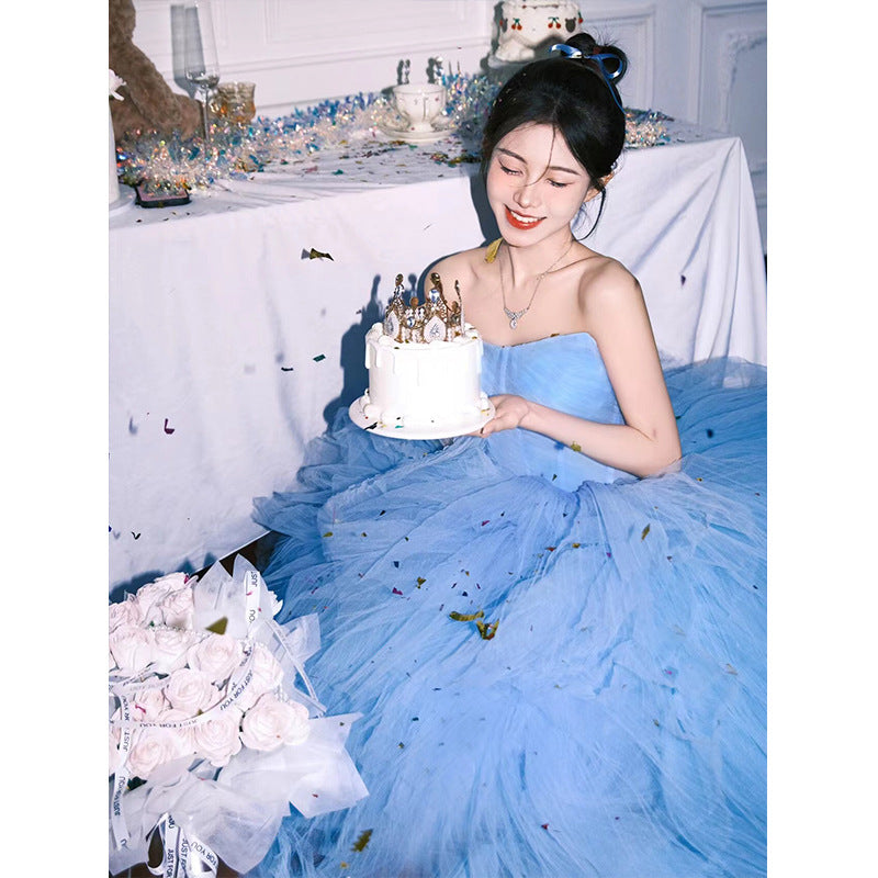 2025Blue tube top dress high-end heavy industry morning gown female bride wedding dress birthday dress trailing tutu dress dress