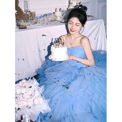 2025Blue tube top dress high-end heavy industry morning gown female bride wedding dress birthday dress trailing tutu dress dress