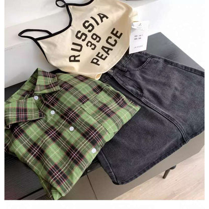 maoxiangshop-shop grunge outfits Women's White and Green Plaid Shirt, Large Loose Plaid Coat for Spring and Summer