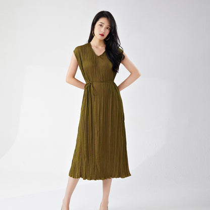 Women's clothing summer high-end wear loose large size lace-up and thin v-neck sleeveless a-word medium and long dress