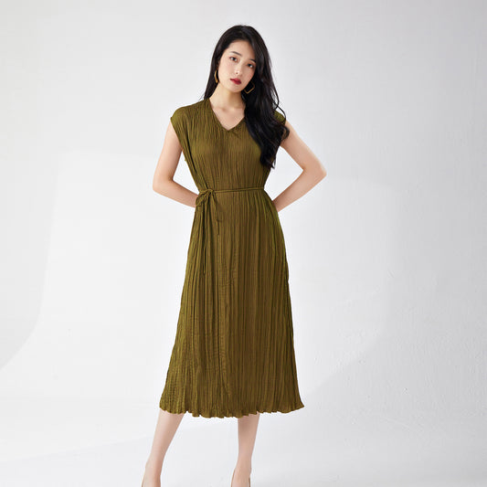 Women's clothing summer high-end wear loose large size lace-up and thin v-neck sleeveless a-word medium and long dress