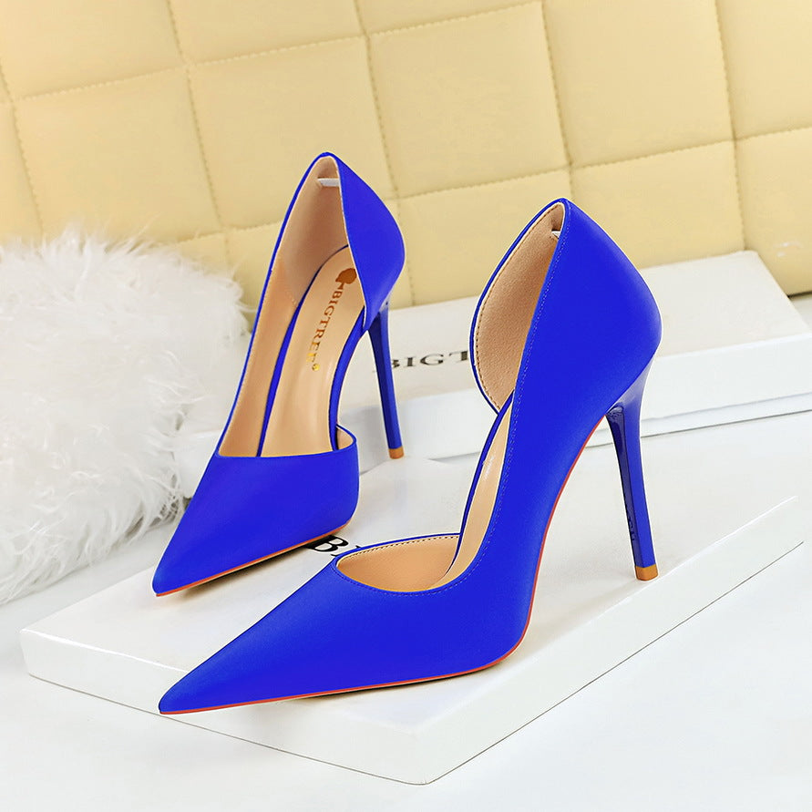 626-1 Korean version fashionable and simple pedicure, thin heel, super high heel, shallow mouth, pointed side hollow single shoes, women's high heel