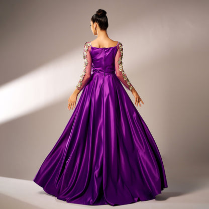 2025 new high-end long-sleeved square collar banquet applique waist pendulum evening dress bridesmaid dress women