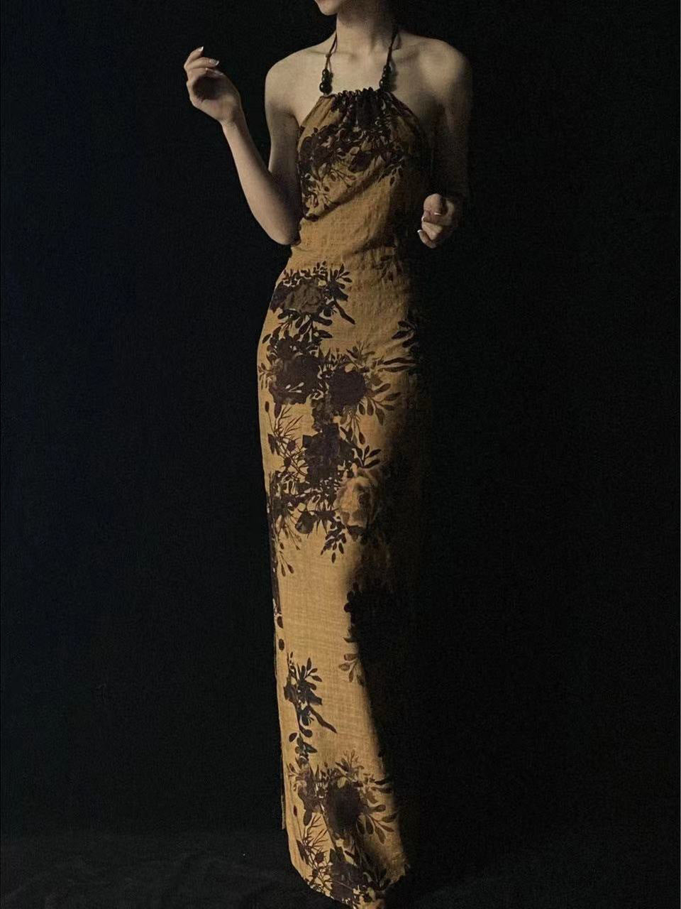 2025 New Chinese Zen national style camellia printing and dyeing backless Buddha beads hanging neck slim improved cheongsam suspender dress women