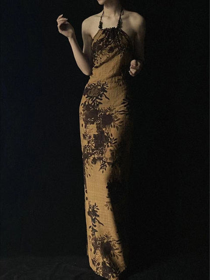 2025 New Chinese Zen national style camellia printing and dyeing backless Buddha beads hanging neck slim improved cheongsam suspender dress women