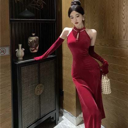 maoxiangshop-shop dress to impress outfits Banquet Host Auto Show Dress Long Dress Improved Cheongsam Dress Sexy Split Halter Velvet Dress