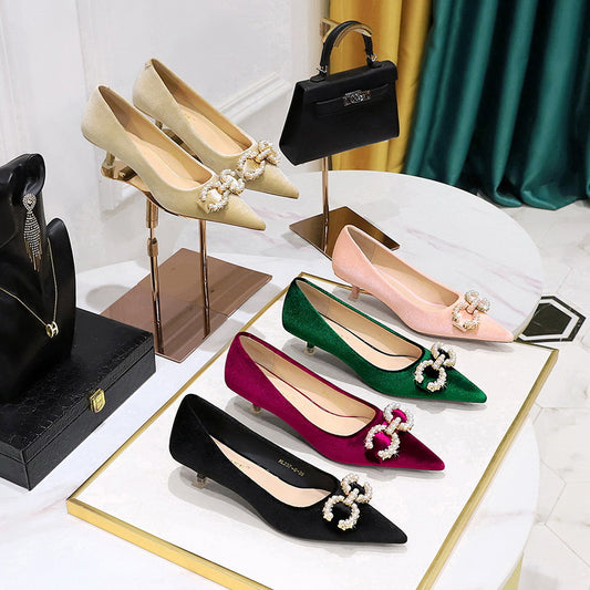 237-K79 Korean version banquet women's shoes medium heel thickened suede shallow mouth pointed metal rhinestone pearl buckle single shoes women