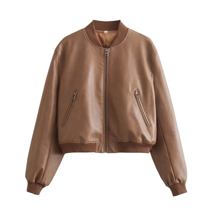 maoxiangshop fashion inspo Pu Street Short Slim Autumn Stand Collar Motorcycle Pilot Jacket Coat Women's Jacket