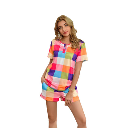 MAOXIANGSHOP 2025wish summer new color plaid print loungewear beachwear casual suit T-shirt, women
