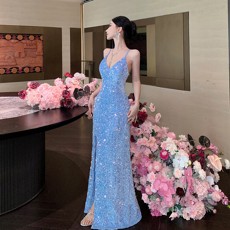 2025 Red sequined suspender inner dress women's winter Christmas wear sexy split birthday dress long skirt