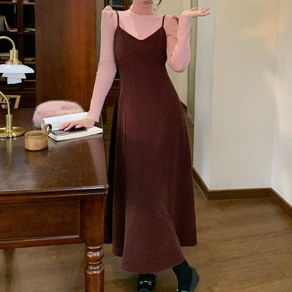 2025 popular autumn and winter new Korean version temperament versatile velvet suspender dress suspender long dress 88139