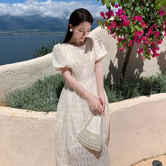 2025 retro crochet design round neck bubble short sleeve temperament elegant medium and long dress gentle first love dress