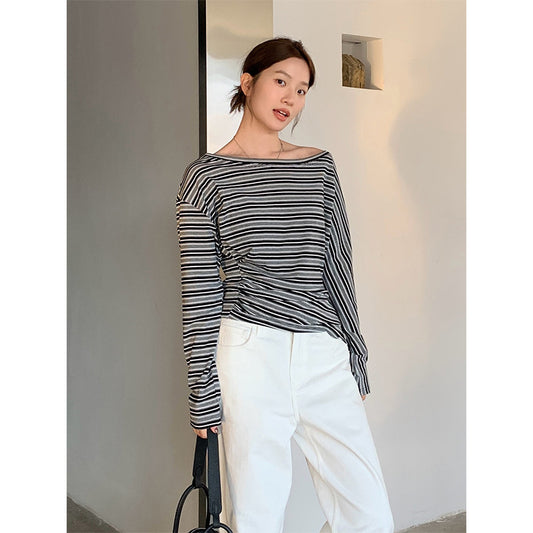 2025  Tencel striped contrasting color long-sleeved T-shirt women's 2025 spring new pleated versatile top T268