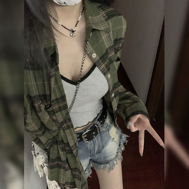 maoxiangshop grunge outfits Retro Green Plaid Shirt Coat for Women Spring and Autumn 2024 New Small Loose Slimming Shirt Top
