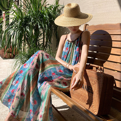 2025 New Chinese floral medium and long suspender dress for women's summer thin retro vacation style long dress seaside beach dress