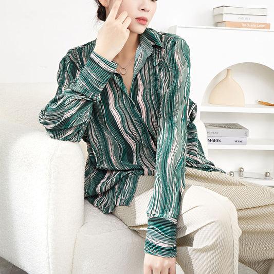 2025 Striped shirt sunscreen women's summer thin loose casual single-breasted unique beautiful shirt pleated cardigan top