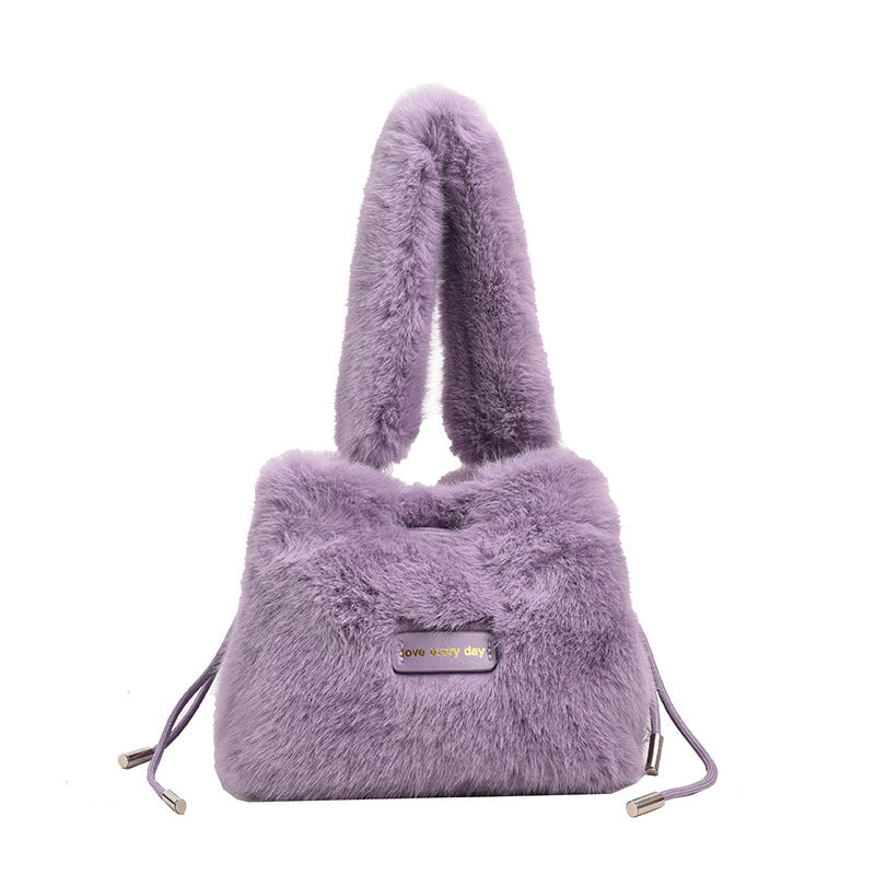 MAOXIANGSHOP 2025 autumn and winter new imitation rabbit fur pumping social worker handbag soft and simple bucket bag chain messenger bag bag