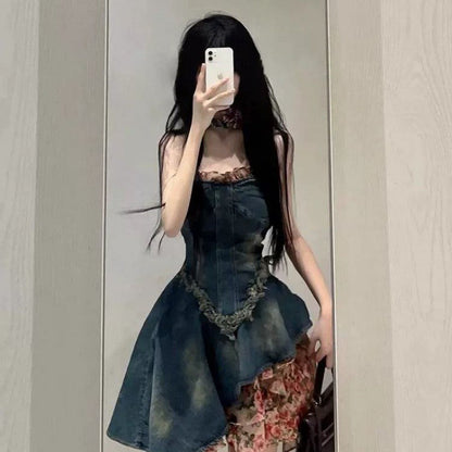 maoxiangshop-shop fall 2024 fashion trends French Style Sweet Hot Girl Tube Top Denim Dress Women's Summer High-Grade Waist Slimming Pettiskirt Small