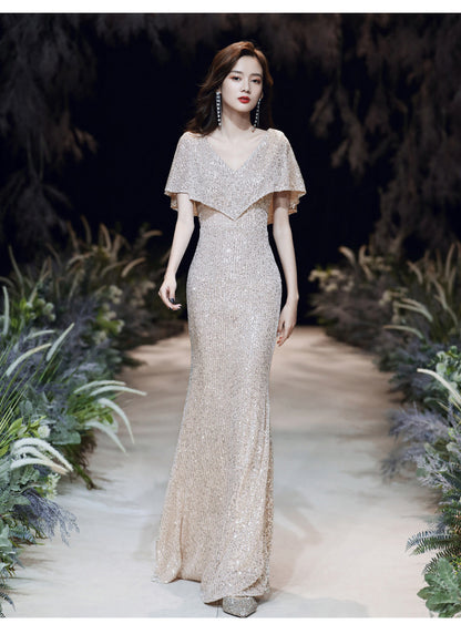 Champagne banquet evening dress sequins 2025 new spring temperament long fishtail dress annual meeting hosting dress