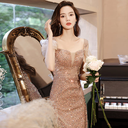 Banquet evening dress fishtail skirt 2025 new spring light luxury niche sequins annual meeting host performance dress skirt