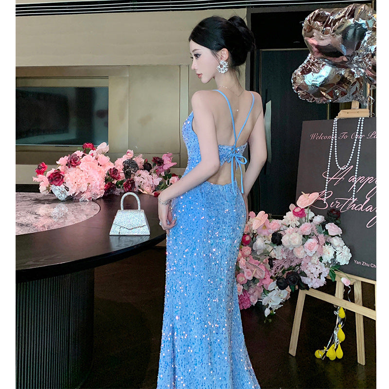 2025 Red sequined suspender inner dress women's winter Christmas wear sexy split birthday dress long skirt