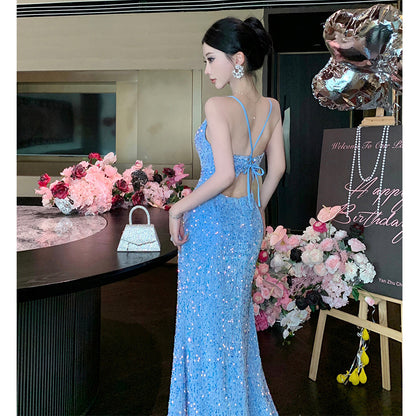 2025 Red sequined suspender inner dress women's winter Christmas wear sexy split birthday dress long skirt