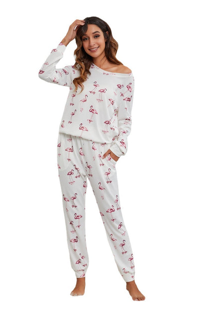 MAOXIANGSHOP 2025Spring and summer new  wish swan print round neck long sleeve pocket trousers casual suit home pajamas women