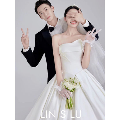2025main wedding dress  temperament satin bubble sleeves wedding photography theme dress banquet long light wedding dress