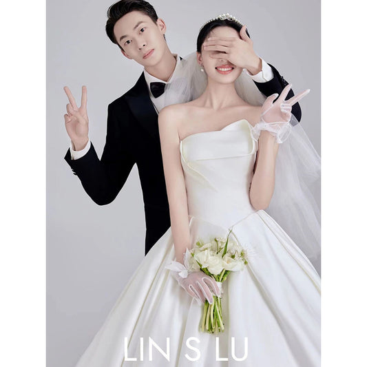 2025main wedding dress  temperament satin bubble sleeves wedding photography theme dress banquet long light wedding dress
