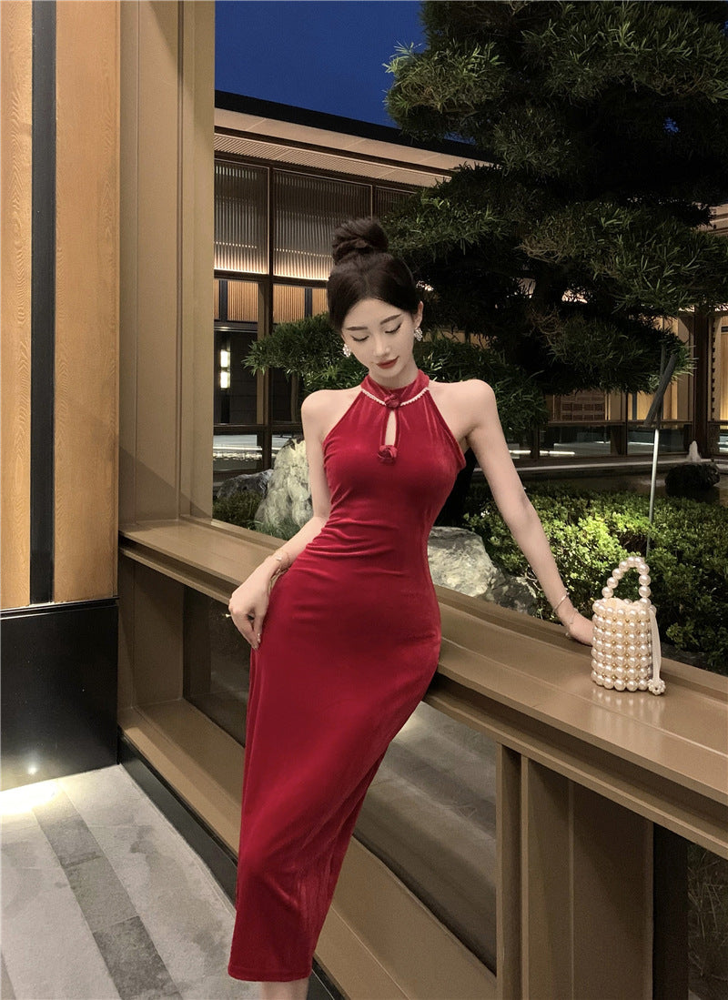 maoxiangshop-shop dress to impress outfits Banquet Host Auto Show Dress Long Dress Improved Cheongsam Dress Sexy Split Halter Velvet Dress