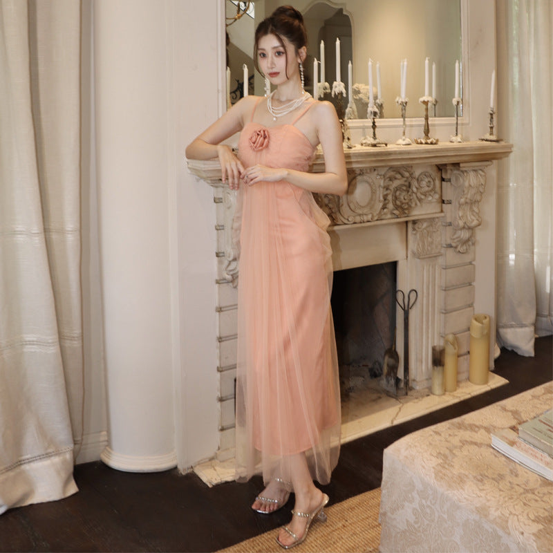 2025 One-word shoulder tube top dress women's summer flower waist high-end temperament sexy pure desire off-the-shoulder holiday long skirt