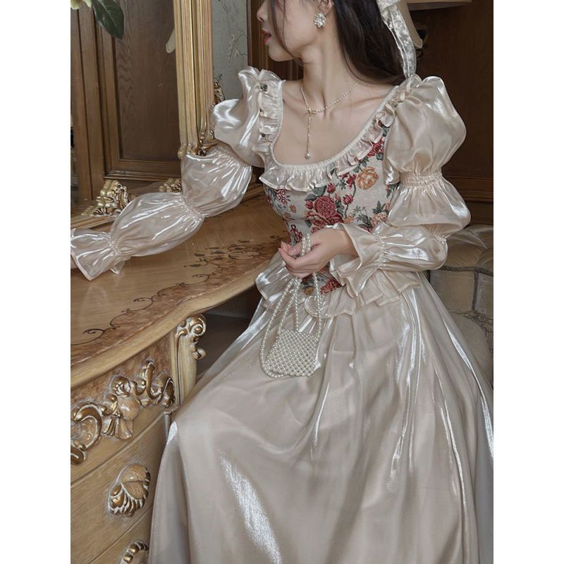 maoxiangshop cybergoth dress to impress Fall 2024 New French Retro Court Style round Neck Bubble Long Sleeve Princess Dress Fairy Dress for Women