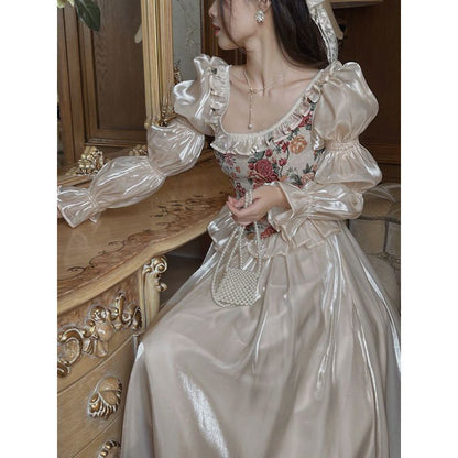 maoxiangshop cybergoth dress to impress Fall 2024 New French Retro Court Style round Neck Bubble Long Sleeve Princess Dress Fairy Dress for Women