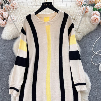 maoxiangshop business casual outfits Lazy Style Dress Women's Autumn and Winter Loose Casual Underwear Sweater Dress Slimming Temperament Striped Contrast Color Dress