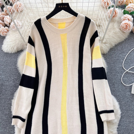 maoxiangshop business casual outfits Lazy Style Dress Women's Autumn and Winter Loose Casual Underwear Sweater Dress Slimming Temperament Striped Contrast Color Dress