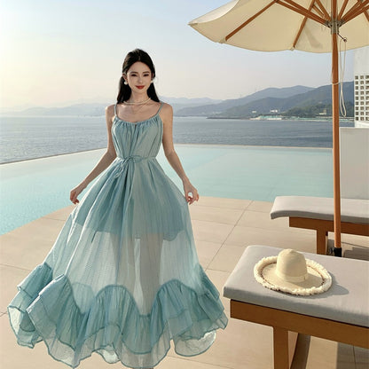 Summer seaside vacation style is unique, super good-looking lotus leaf edge suspender dress, a popular photo skirt for women this year