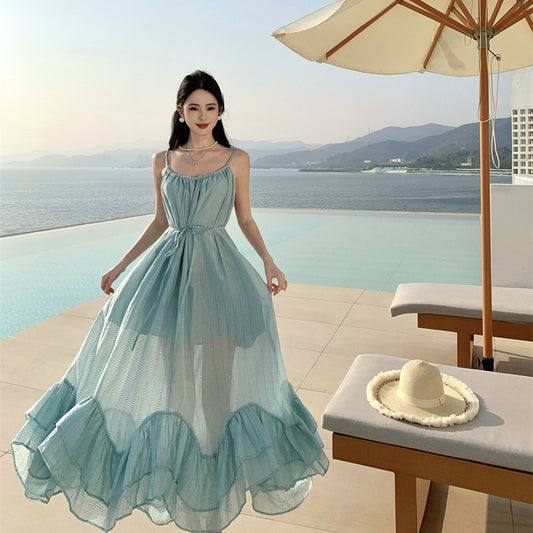 Summer seaside vacation style is unique, super good-looking lotus leaf edge suspender dress, a popular photo skirt for women this year