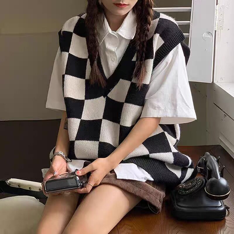 maoxiangshop-shop fall outfits black women Autumn and Winter Preppy Style All-Match Chessboard Plaid Sweater Vest Female Students Korean Style Loose Sleeveless Vest Knitted Outer Wear