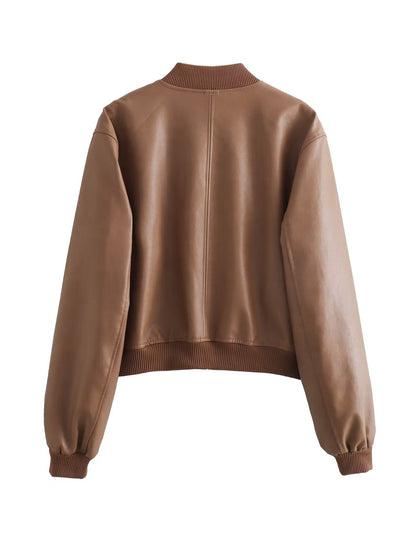 maoxiangshop fashion inspo Pu Street Short Slim Autumn Stand Collar Motorcycle Pilot Jacket Coat Women's Jacket