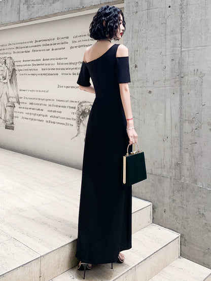Black one-shoulder evening dress dress women can usually wear banquet temperament long noble aura queen birthday dress