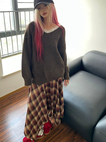 Sweet Lazy Lace Splicing V-Neck Knitted Sweater Women's Autumn and Winter Pullover Loose and Skinny Outer Top