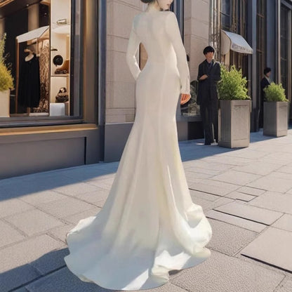 MAOXIANGSHOP 2025 Cross-border Spring Atmospheric Toast Wedding Host White Dress Annual Meeting Banquet Fishtail Long Sleeve Dress