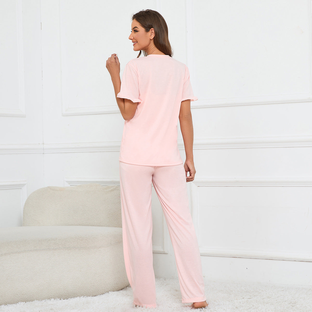 MAOXIANGSHOP 2025Real spot New new solid color V-neck buckle flower sleeve top tether trousers pajamas set loungewear, women