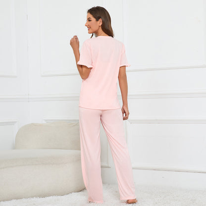 MAOXIANGSHOP 2025Real spot New new solid color V-neck buckle flower sleeve top tether trousers pajamas set loungewear, women