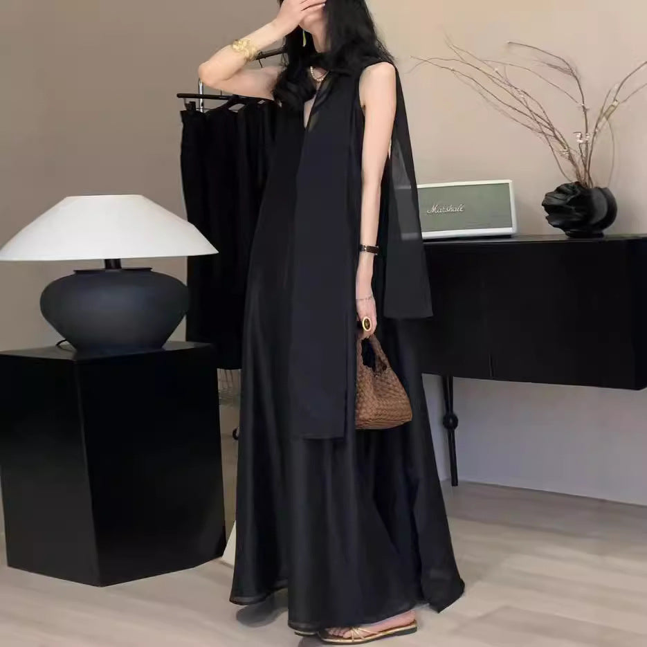 2025 popular summer new high-end temperament linen V-neck sleeveless dress, oversized skirt loose vest long dress